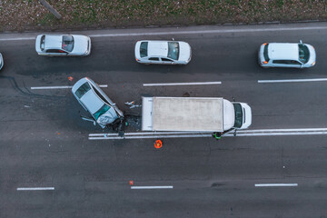 Strong accident. Traffic accidents on the road. View from above. Traffic jam on the road. the car...