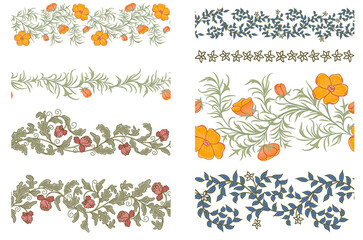 A set of 8 floral vector seamless borders.