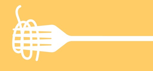 Pasta roll on the fork. Italian pasta with fork silhouette. Black fork with spaghetti on the yellow background. Hand holding a fork with spaghetti.