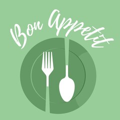 Bon appetit writing with fork and knife. Cutlery fork and spoon with plants. vector sketch. hand drawing isolated