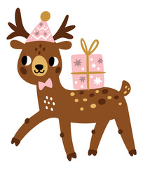 Cute deer with gift box. Winter holiday present