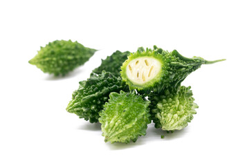 green Bitter melon or Bitter gourd slices isolated on white background, healthy food concept