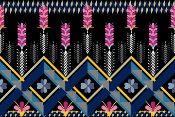 Geometric ethnic oriental ikat traditional repeat seamless pattern flower leaves botanical embroidery Design for background,indian,border,carpet,wallpaper,clothing