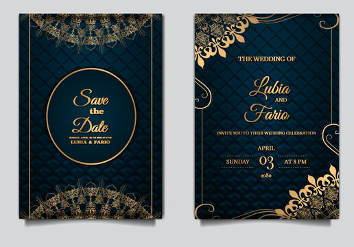 luxury wedding invitation card embossed paper template design set