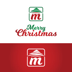 Letter Initial M Merry Christmas with Pines Tree Logo Design Template. Perfect for Christmas and New Year Greeting Cards, Banners, Invitations, or Business Brand Logos.