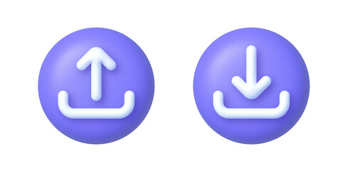 Modern button with download and upload 3d for concept design. Load internet data symbol. Cloud technology. Computer interface. Vector illustration element