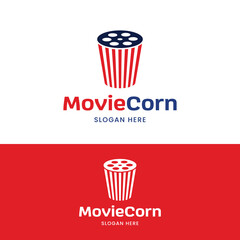 Pop Corn with Camera Reel Stripes Logo Design Template. Suitable for Cinematography Video Film Movie Production Studio Cinema Theater Industry Label in Simple Modern Hipster Logo Design.