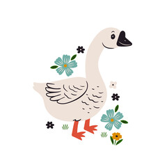 Cute goose and flowers isolated on white background. Vector graphics.