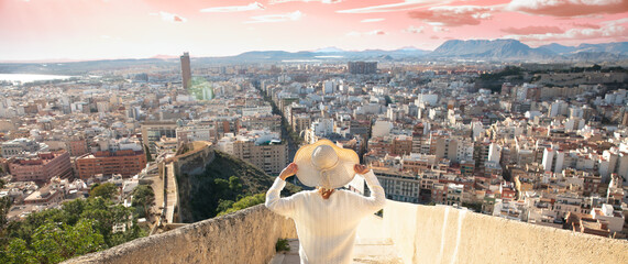 Tourism in Alicante- traveler girl in Spain - obrazy, fototapety, plakaty