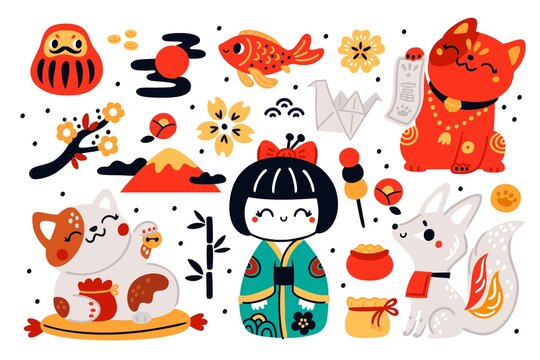 Japanese traditional lucky toys. Asian cultural symbols. Kokeshi doll. Kitsune and maneki neko cat. National cute mascots. Riches and welfare souvenirs. Sakura flower. Garish vector set