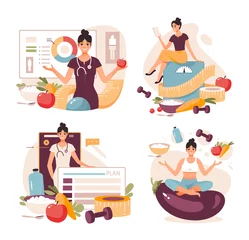 Deurstickers Nutritionist concept. Weight loss program and diet plan. Diet therapy with healthy food and physical activity. Flat vector illustration © vik.stock