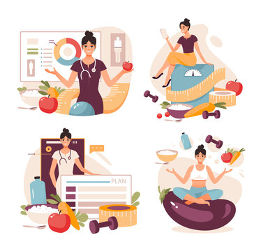 Nutritionist concept. Weight loss program and diet plan. Diet therapy with healthy food and physical activity. Flat vector illustration