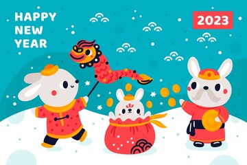 New year rabbits. 2023 winter celebration. Chinese bunnies with dragon. Asian culture. Holiday greeting poster. Traditional zodiac symbols. Cute hares in red costumes. Garish vector card