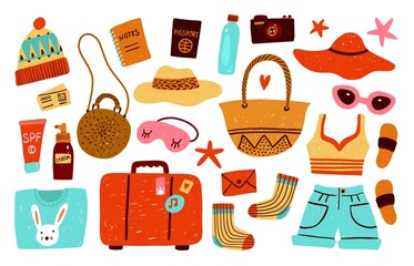 Travel items. Beach bags, touristic clothes and luggage. Vacation preparing. Summer holiday accessories. Passport and tickets. Comfort voyages. Flip flops and hats. Classy vector set
