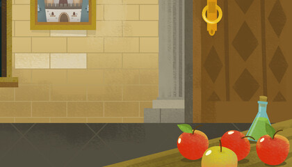 cartoon castle room with dwarf and apples illustration