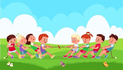 Tug of war. Funny children on nature pulling rope. Friends play outdoor. Sports gaming activity. Group competition. Boys and girls fun battle. Teams contest. Splendid vector concept