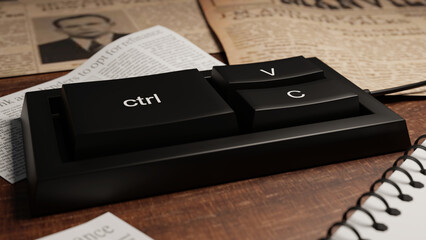 Keyboard to copy paste digital contents for the purpose of stealing others work. Plagiarism concept. 3D rendering illustration.