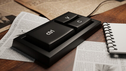 A dedicated keyboard to copy paste digital contents. Plagiarism concept. 3D rendering illustration.