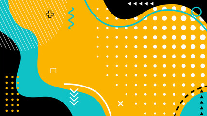 Yellow wave background with halftone and memphis element flat design