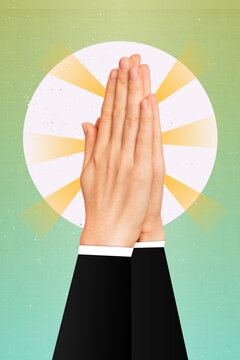 Collage poster of male female person praying sign ask god peace safe ukraine stop war isolated color background