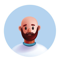 3D man avatar, vector cartoon character face, male person portrait in circle, bold young freelancer. Bearded guy, white t-shirt, positive emotion adult human head. 3D avatar, social media profile icon