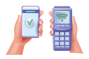 3D payment POS terminal, vector man hand holding smartphone, NFC online cashless transaction concept. Mobile banking process, digital success purchase icon. Contactless payment terminal illustration