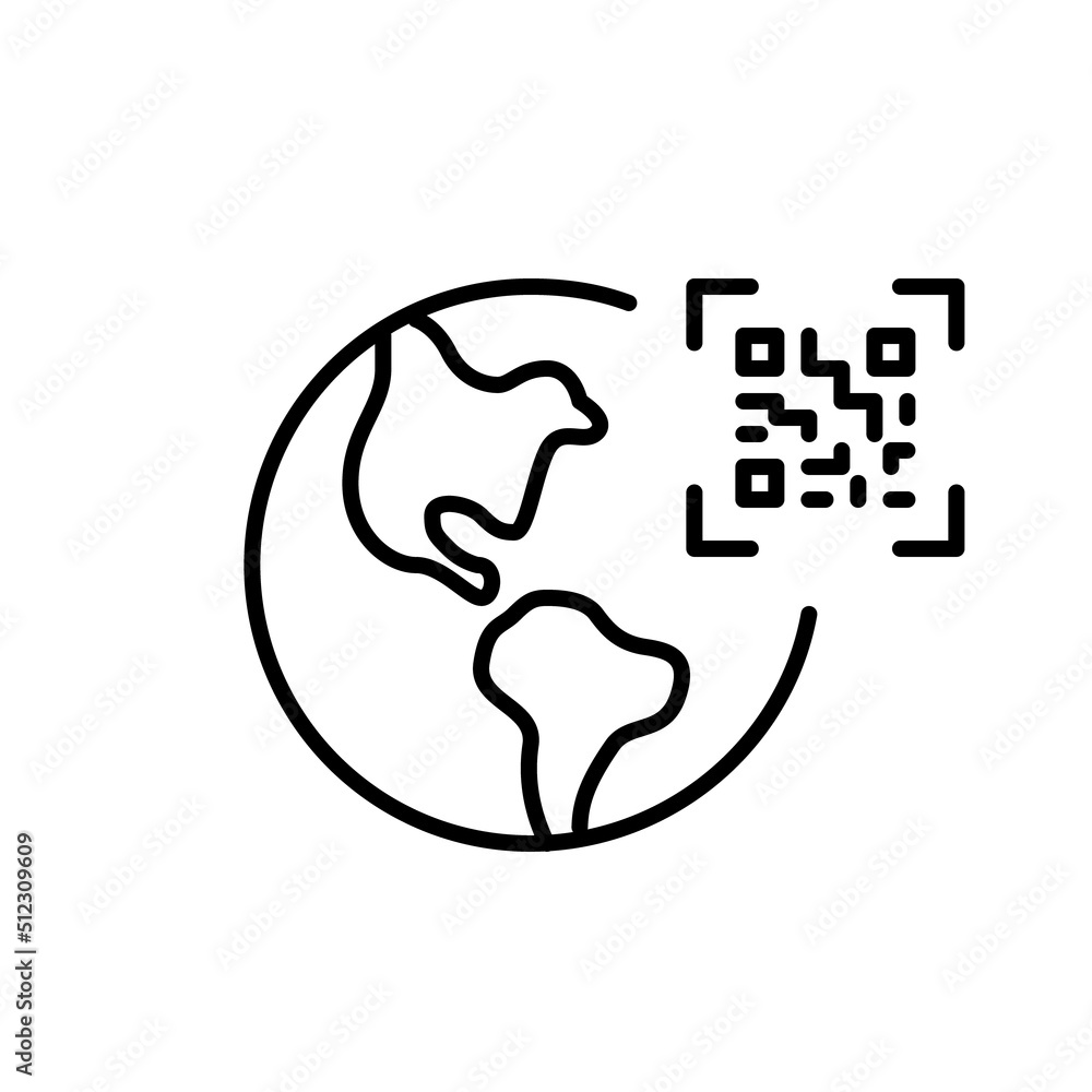 Poster qr code on a globe. global payment services. pixel perfect, editable stroke line icon