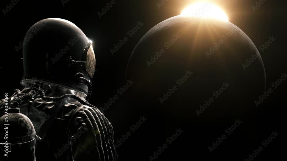 Wall mural astronaut looking at the moon. cosmonaut in outer space. sunlight.