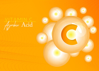 Vitamin C. Vitamin complex from nature. Protect the body and stay healthy. Beauty treatment, medical nutrition skin care. Banner with golden balls, oxygen bubbles.