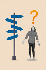 Vertical collage image of puzzled clueless guy black white gamma shrug shoulders choose direction...