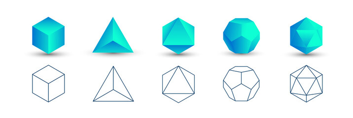 Set of blue vector editable 3D platonic solids isolated on white background. Mathematical geometric figures such as cube, tetrahedron, octahedron, dodecahedron, icosahedron. Icon, logo, button. - obrazy, fototapety, plakaty