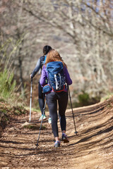 Two female backpacker hikers on a forest pathway. Mountain trekking