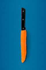 Creative collage image banner of new knife sharp shave scratch fresh carrot gourmet dish isolated blue color background
