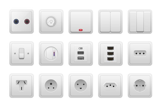 Socket and switch. Realistic AC power equipment, electric current wall socket of different types, European and USA. Vector isolated set