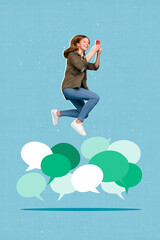 Vertical creative collage image of excited positive kid girl jump hold use telephone blog chatting...