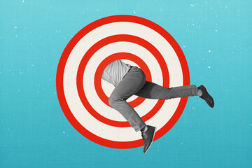 Creative banner collage of determined businessman move get inside target achieving financial worker goals isolated