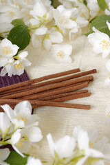 Handmade luxury incense sticks with white jasmine flowers.