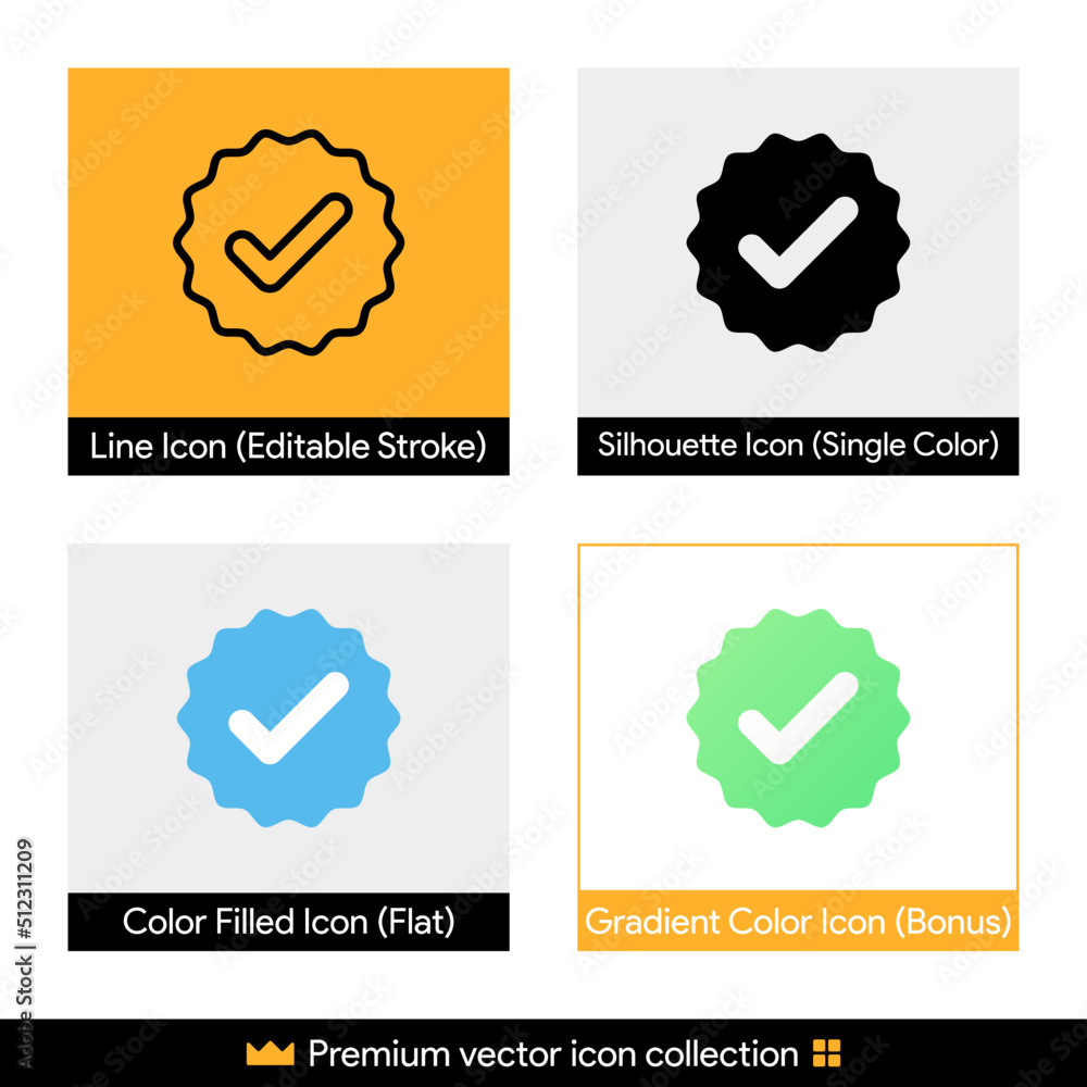 Poster verified tick or valid seal vector icon collection for website design, app, ui, isolated on backgrou