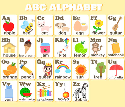 English alphabet flash card.ABC for kids.A to Z for children education.Kindergarten or preschool concept.Flashcards with cute characters.Learn to read.Words and pictures.Cartoon vector illustration.