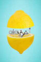 Creative banner collage of positive friends swim juice enjoy recreation lemon resort isolated teal color background