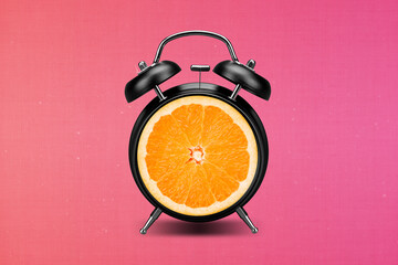 Collage artwork image of citrus fruit inside clock alarm healthy eating isolated pink bright color...