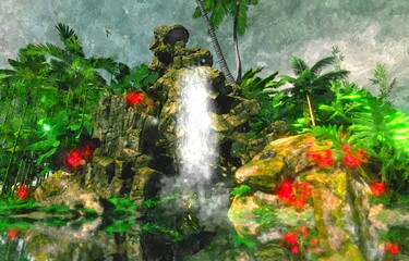 Fototapeta na wymiar Green jungle with waterfall and crocodile