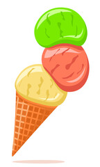 Ice cream in a waffle cone with colorful balls on a white background.