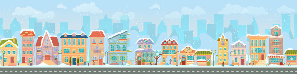 City street. Panoramic cityscape with bright houses, walking pedestrians, snow. Shop and stores. Winter city. Vector illustration in cartoon style.