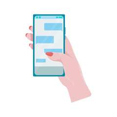 Hands hold a phone. Concepts of internet network communications. People chatting and chatting together on social networks. Woman holding a phone or tablet in her hand. Vector illustration.