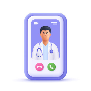 Doctor online on smartphone app. Online medical clinic, telemedicine, online healthcare and medical consultation concept. 3d vector people character illustration. Cartoon minimal style.