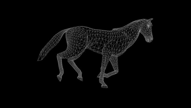 Wireframe 3d horse running, seamless loop, Luma Matte attached