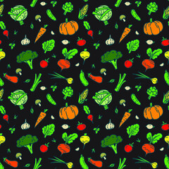 Seamless vector pattern garden vegetables on a dark background. Organic vegan food simple doodle children background with cabbage, pumpkin, carron, broccoli. 
