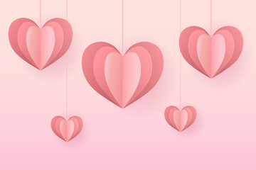 Fototapeta na wymiar Heart shape paper carved elements hanging on pink background. Symbols of love for Valentine's day, happy Women's, Mother's day, birthday greeting card design in vector