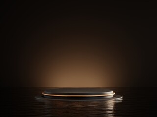 3d rendering of luxury black podium on water for product display.